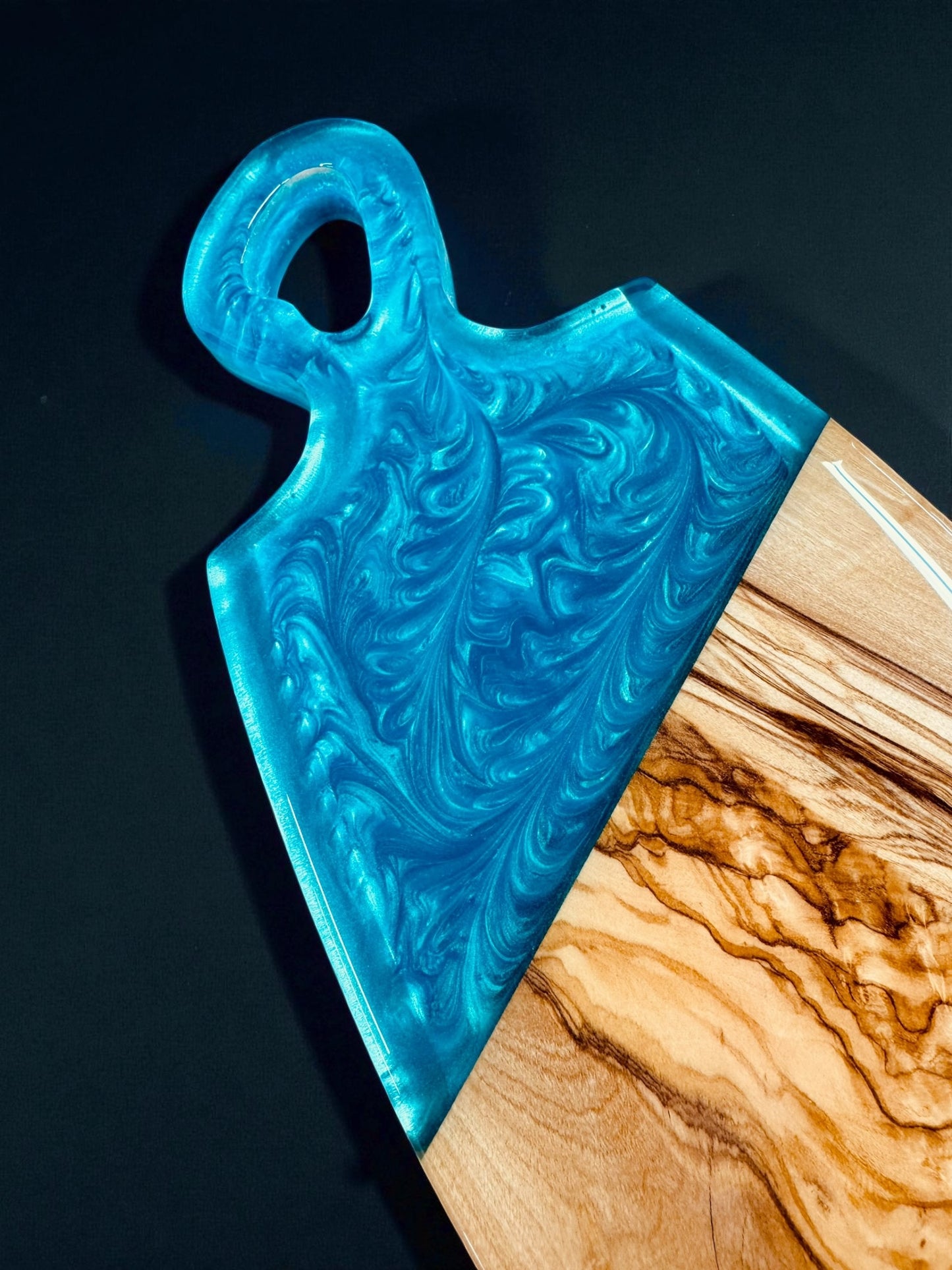 Organic Handle Charcuterie Board – Olive Wood with Ocean Blue Epoxy