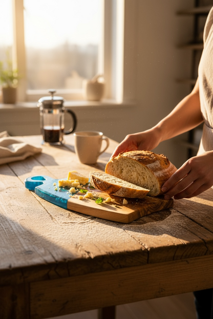Organic Handle Charcuterie Board – Olive Wood with Ocean Blue Epoxy