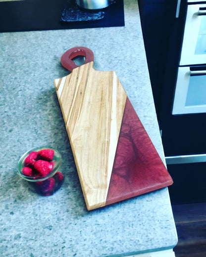 Organic Handle Charcuterie Board – Ambrosia Wormy Maple with Scarlet Epoxy